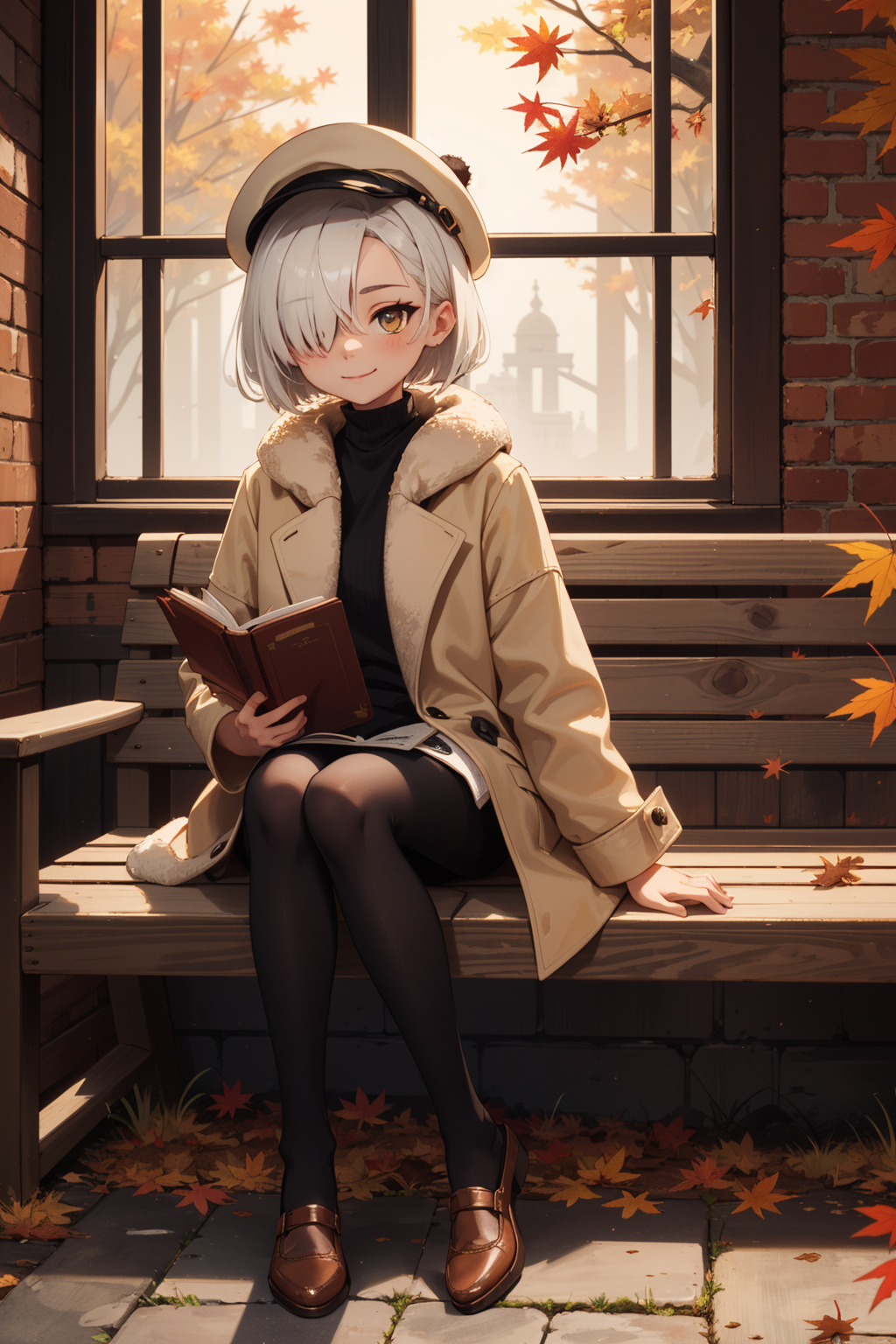 depth of field, (autumn light:1.2), 1girl, white hair, short hair, long banns, golden eyes, hair over one eye, put book on...